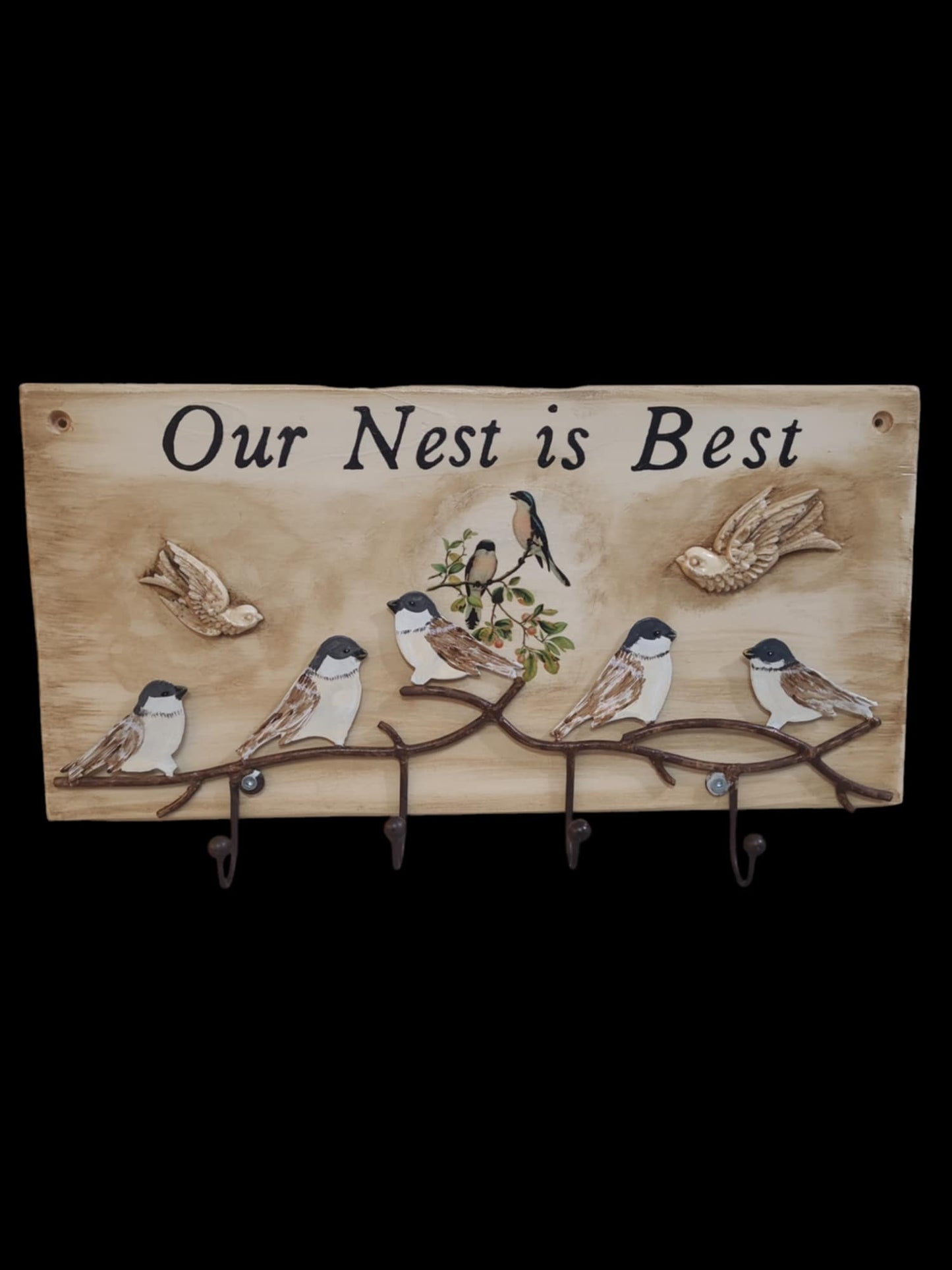 Coat/key holder wall hanging "Our Nest is Best"