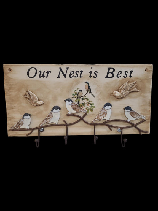 Coat/key holder wall hanging "Our Nest is Best"
